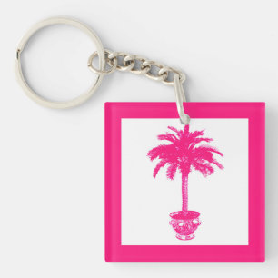 Potted Palm Tree - fuchsia pink and white Key Ring