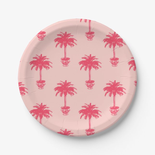 Potted Palm Tree in Shades of Coral Pink Paper Plate (Front)