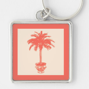 Potted Palm Tree - shades of coral orange Key Ring