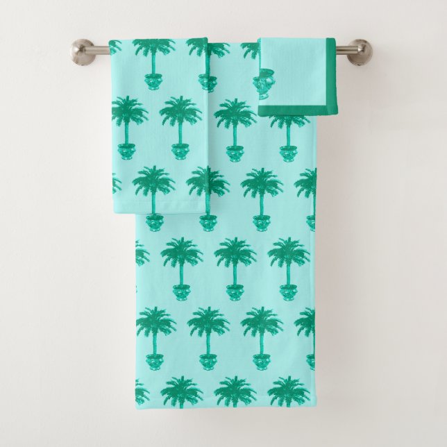 Potted Palm Tree - turquoise and aqua Bath Towel Set (Insitu)