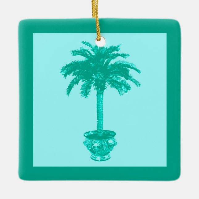 Potted Palm Tree - turquoise and aqua Ceramic Tree Decoration (Front)