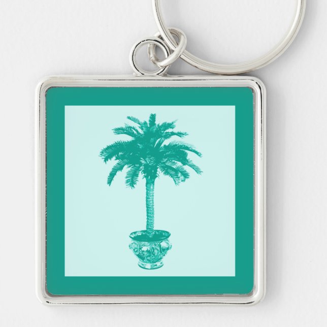 Potted Palm Tree - turquoise and aqua Key Ring (Front)