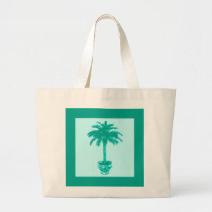 Potted Palm Tree - turquoise and aqua Large Tote Bag