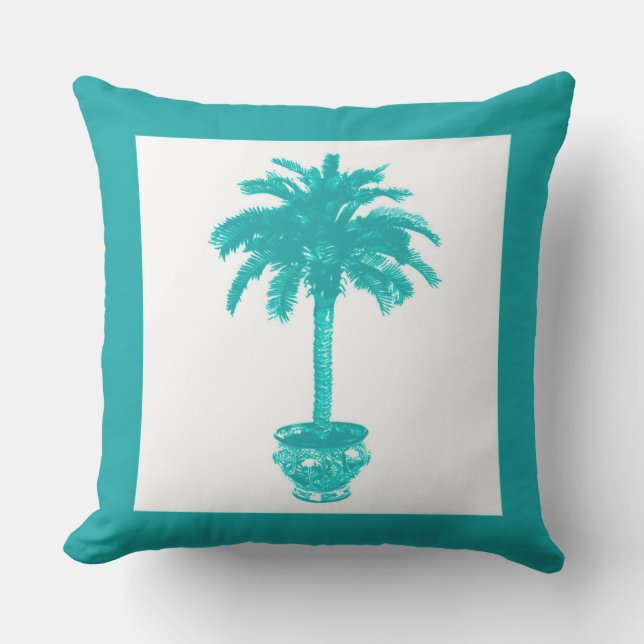 Potted Palm Tree - Turquoise and White Cushion (Front)