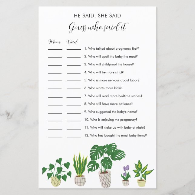 Potted Plants Baby Shower He Said She Said Game (Front)