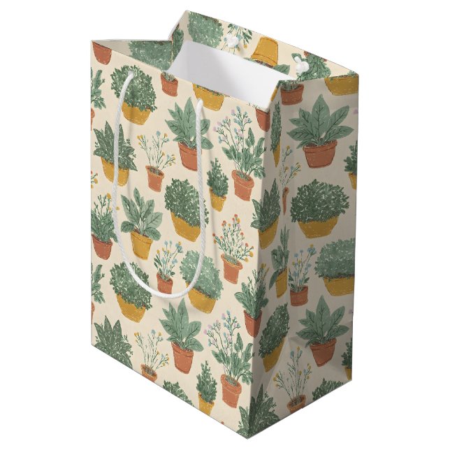Potted Plants Botanical Illustration Style Medium Gift Bag (Back Angled)