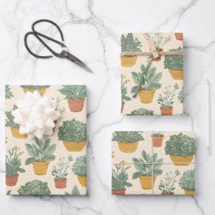 Potted Plants Flowers Botanical Illustration Style Wrapping Paper Sheet