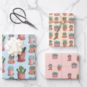 Potted Plants Succulents and Cacti Watercolor Gift Wrapping Paper Sheet