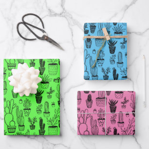 Potted Plants Succulents Cacti Handmade Neon Gift Wrapping Paper Sheet
