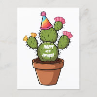 potted prickly pear cactus with birthday hat