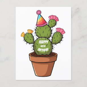 potted prickly pear cactus with birthday hat postcard
