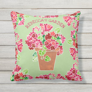 Potted Red Geraniums Floral Monogrammed Name Cushion