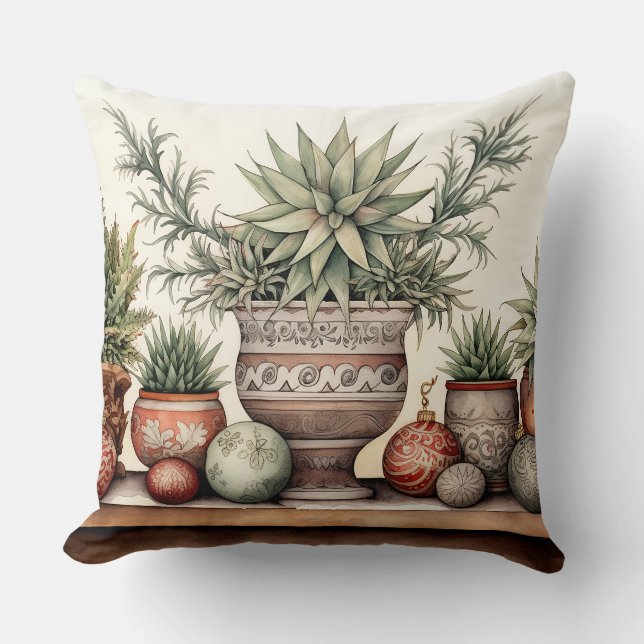 Potted Succulents Southwestern Christmas Holiday Cushion (Front)