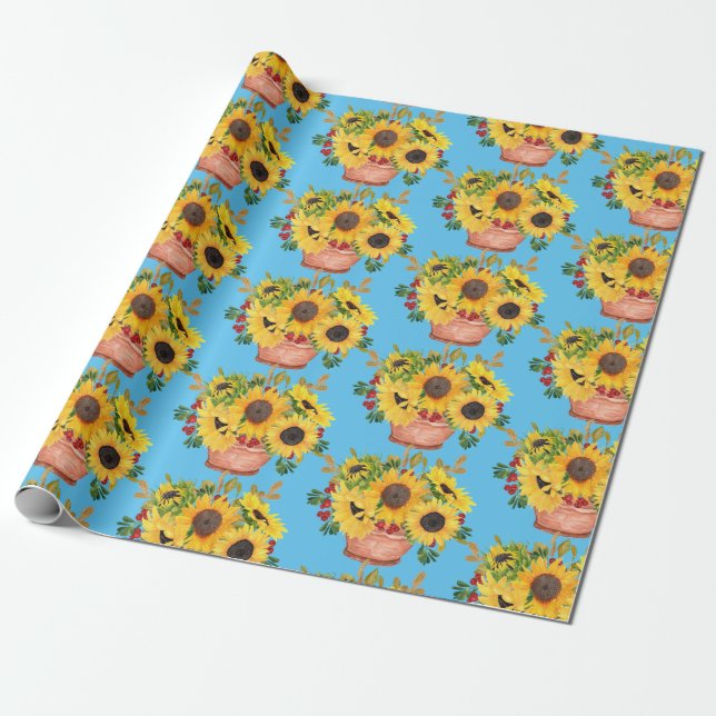 Potted Sunflowers on Blue Wrapping Paper (Unrolled)