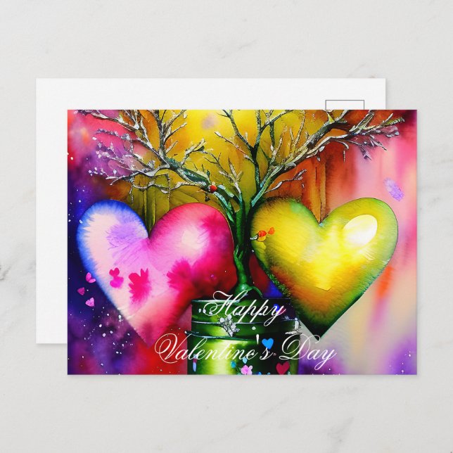 Potted tree and hearts valentine postcard (Front/Back)