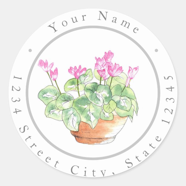 Potted Watercolor Cyclamen Classic Round Sticker (Front)