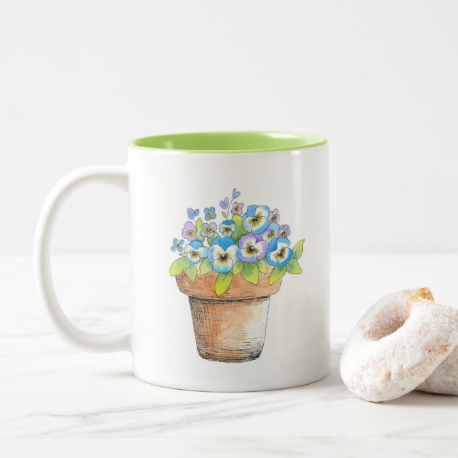 Potted Watercolor Pansies Two-Tone Coffee Mug (With Donut)