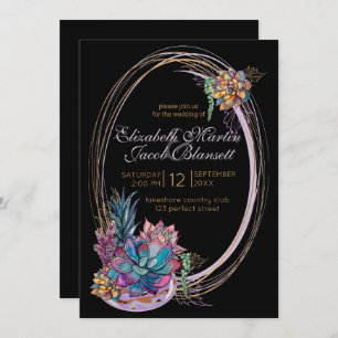 Potted Watercolor Succulent, purple black Wedding Invitation