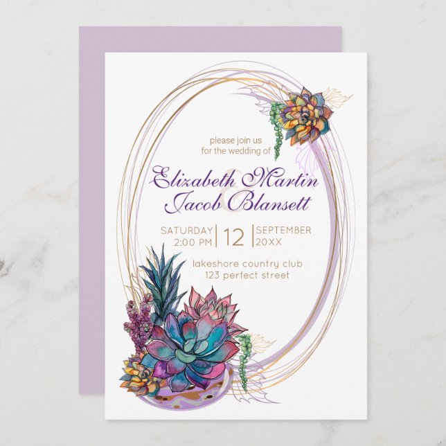 Potted Watercolor Succulent, purple Wedding Invitation (Front/Back)