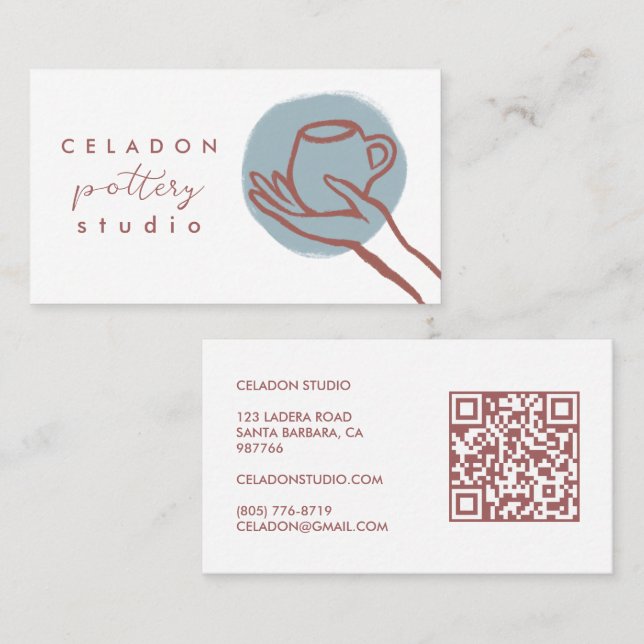 POTTERY Ceramics Studio Elegant Hand-drawn QR Code Business Card (Front/Back)