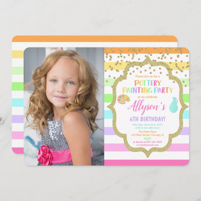 Pottery painting paint birthday rainbow photo invitation (Front/Back)