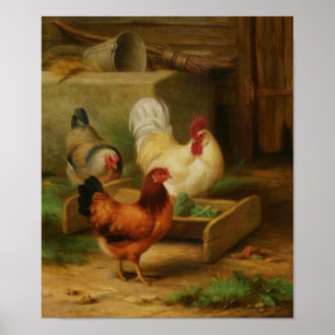 Poultry Feeding in a Barn Poster