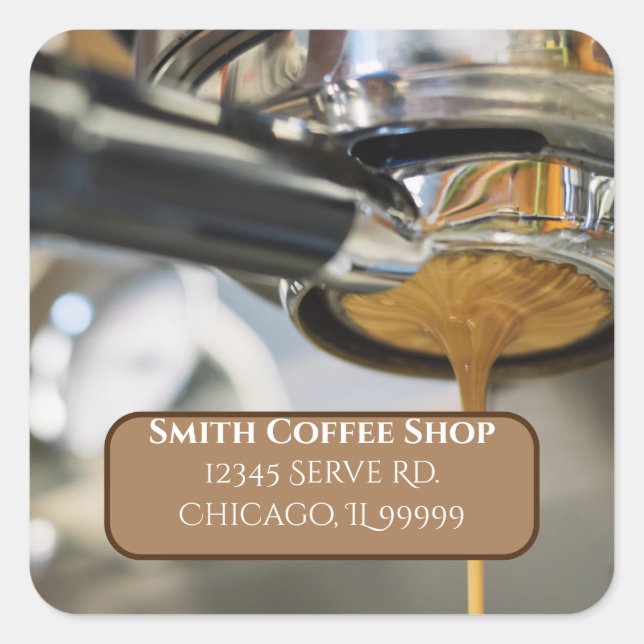 Pouring Espresso Coffee Machine Return Address Square Sticker (Front)