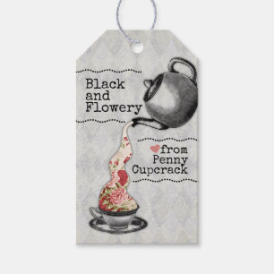 Pouring vintage teapot hand blend tea floral gift tags