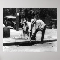 Pouring Whiskey Into a Sewer, 1930. Vintage Photo