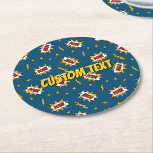 Pow Comic Sound Effect Pattern Round Paper Coaster