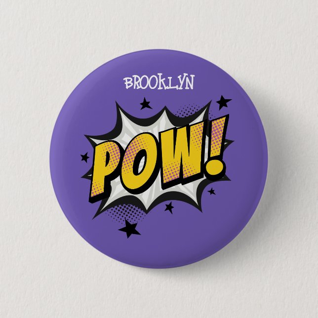 Pow fun pop art comic style typography callout 6 cm round badge (Front)