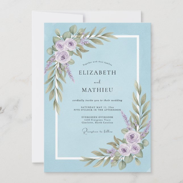 Powder Amethyst Leafy Wedding Invitation (Front)