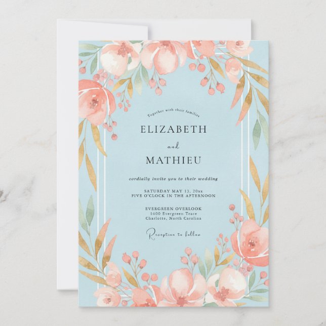 Powder Apricot Leaf Wedding Invitation (Front)