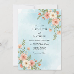 Powder Azure Coral Wildflower Wedding Invitation