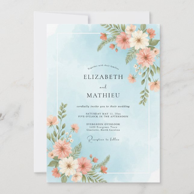 Powder Azure Coral Wildflower Wedding Invitation (Front)