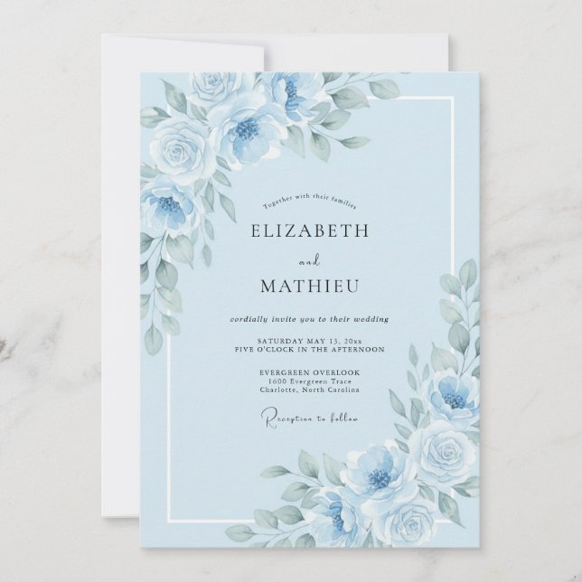Powder Azure Ranunculus Eucalyptus Wedding Invitation (Front)