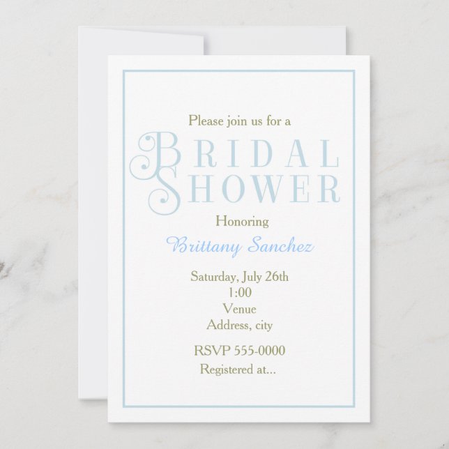 Powder Baby Blue Bridal Shower Classy Invitation (Front)