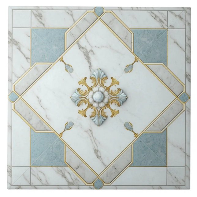 Powder Blue and Gold Floral Medallion Tile (The complete printed tile design. Tiles sold individually.)
