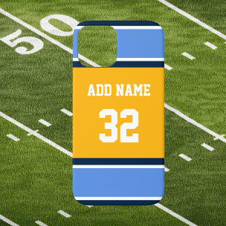 Powder Blue and Gold Sports Stripe iPhone 15 Case