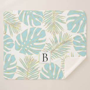 Powder blue and gold tropical leaves and monogram sherpa blanket