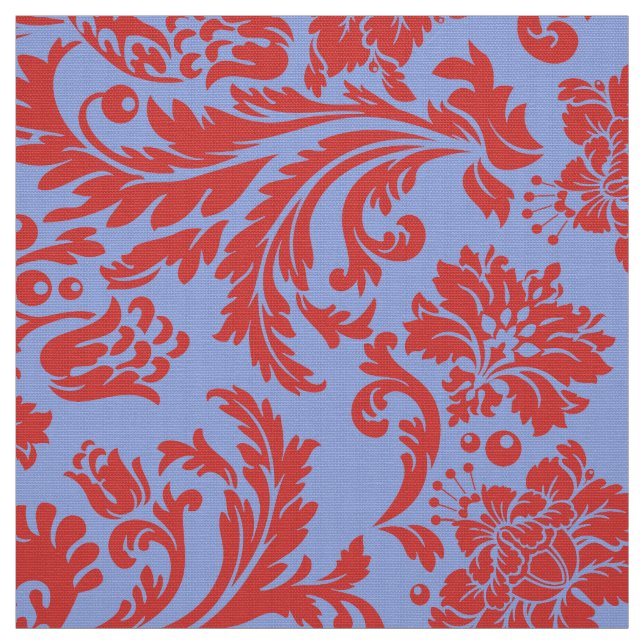 Powder blue and rust red floral damasks fabric (Swatch)