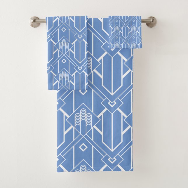 Powder blue and white Art Deco pattern 2 Bath Towel Set (Insitu)