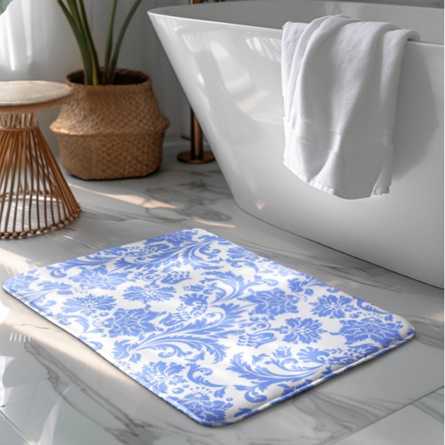Powder Blue and White Floral Damask Bath Mat (Creator Uploaded)