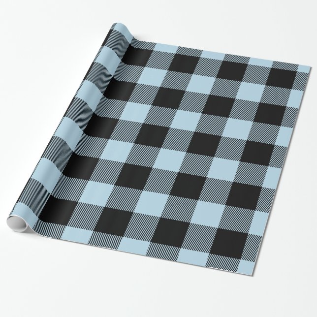 Powder Blue Black Huge Buffalo Plaid Lumberjack Wrapping Paper (Unrolled)