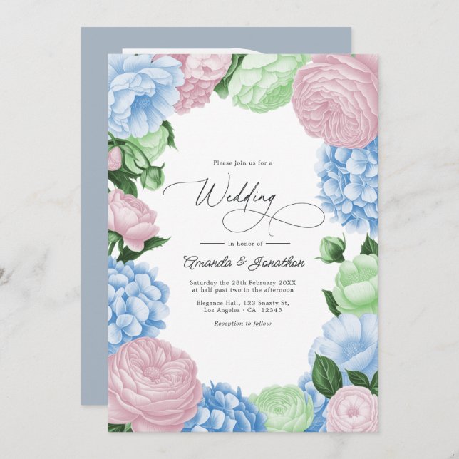 Powder Blue, Blush Pink/Light Sage Floral Wedding Invitation (Front/Back)