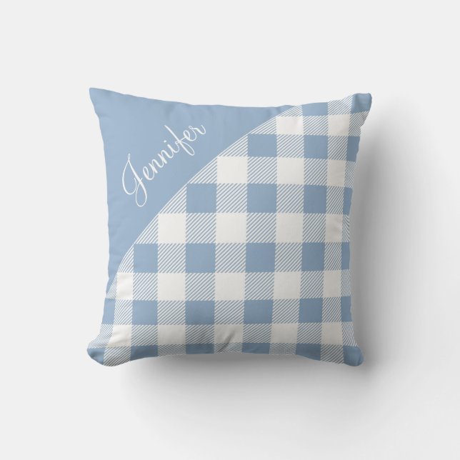 Powder Blue Buffalo Plaid Check Pattern Name Cushion (Front)