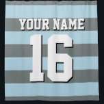 Powder Blue Charcoal Sports Jersey Preppy Stripe Shower Curtain<br><div class="desc">Preppy Striped Team Jersey / Sports Jersey / Football Jersey / Rugby Jersey with Custom Name Customise this with your own name or team name and a number. You can change the size, colour and placement of the text if you need to make changes, change the colour of or remove...</div>