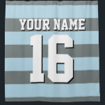 Powder Blue Charcoal Sports Jersey Preppy Stripe Shower Curtain<br><div class="desc">Preppy Striped Team Jersey / Sports Jersey / Football Jersey / Rugby Jersey with Custom Name Customise this with your own name or team name and a number. You can change the size, colour and placement of the text if you need to make changes, change the colour of or remove...</div>