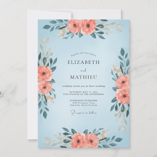 Powder Blue Coral Blossom Wedding Invitation (Front)