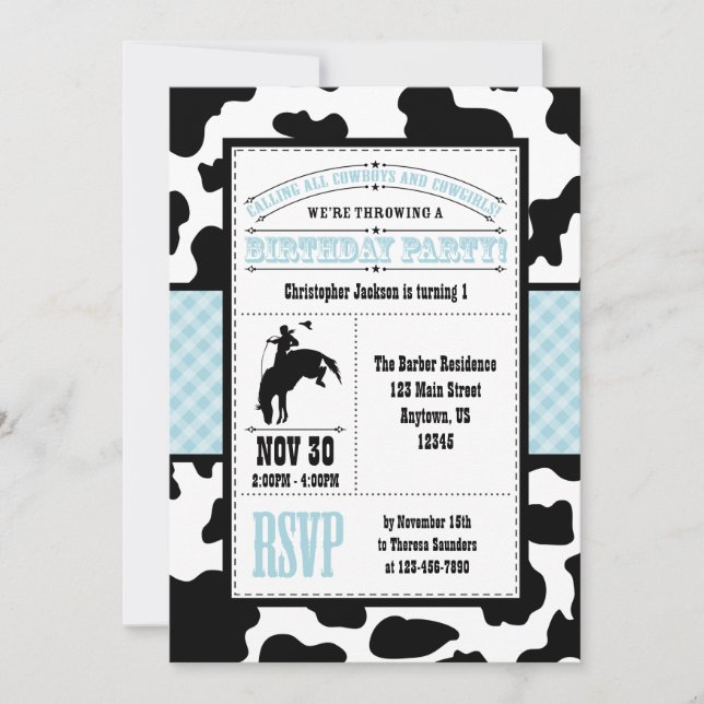 Powder Blue Cowhide Cowboy Birthday Invitation (Front)